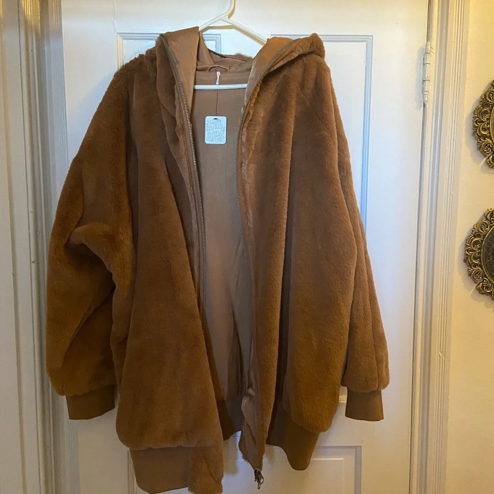Free People Teddy Jacket in Camel Brown with Hood